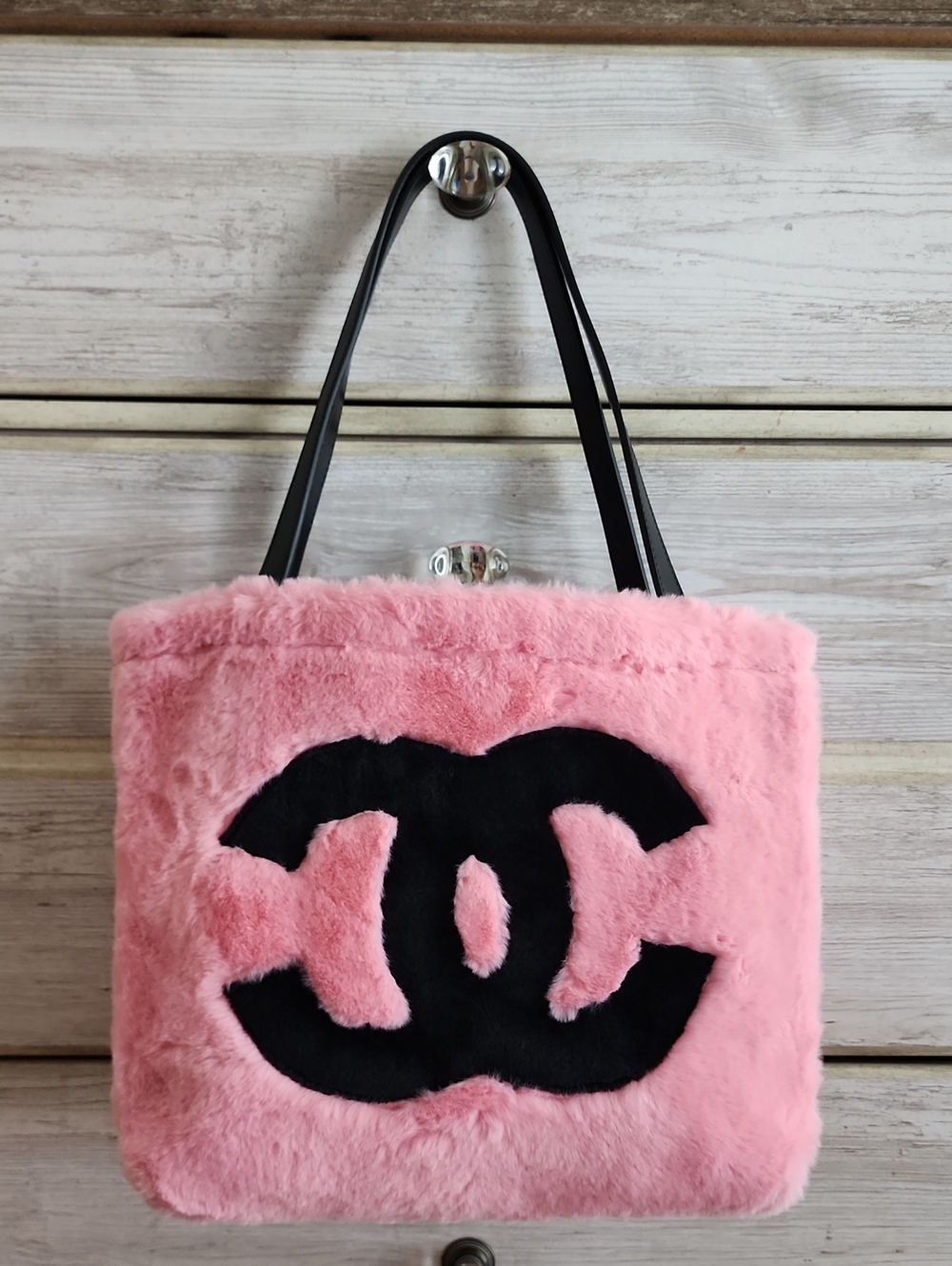 Rare Chanel Pink Faux Fur Tote Bag with Black Logo Accent